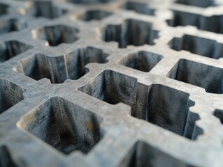 Fototapete - Modern Industrial Aesthetics Precision-Cut Metal Matrix on Wooden Surface - Engineering Synergy and Advanced Manufacturing Visualization for Technical Mastery