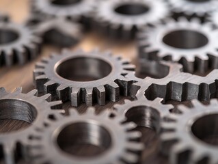 Fototapete - Industrial Gear Mechanics Intricate Metal Components on Rustic Wood SurfaceCollaboration in Manufacturing and Precision Engineering for Enhanced Operational Efficiency