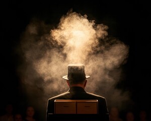 Poster - Enigmatic Magic Show Vintage Illusionist with Trick Props in Dramatic Spotlight - Theatrical Atmosphere for Modern Entertainment and Event Marketing