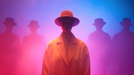 Poster - Modern Surrealism in Performance Art 35-Year-Old Stage Artist in Mirror Maze with Tinted Light and Smoke - Visual Merchandising and Immersive Event Design