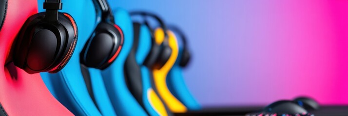 Aufkleber - Immersive Gaming Workspace Vibrant Ergonomic Chair with Sleek Headset - Cutting-Edge Entertainment Design and Youth Digital Recreation Environment for Enhanced Interactive Experiences