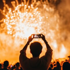 Poster - Dynamic Nighttime Fireworks Display Vibrant Explosive Patterns in Silhouetted Crowd for Festive Event Marketing and Social Engagement Content Creation