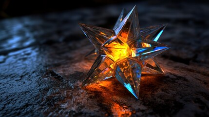 Wall Mural - a luminous crystal star-shaped object glowing on a textured surface, casting vibrant reflections