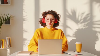 Fototapete - Eco-Modern Study Space Korean Teen Engaged in Online Learning with Minimalist Decor and Sunlit Workspace - Digital Education and Remote Class Success