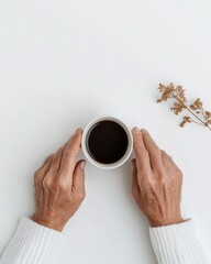 Aufkleber - Minimalist Workspace Aesthetic Hands Holding Coffee Cup on Clean White Surface - Modern Lifestyle and Business Content for Tranquil Work Environments and Digital Branding