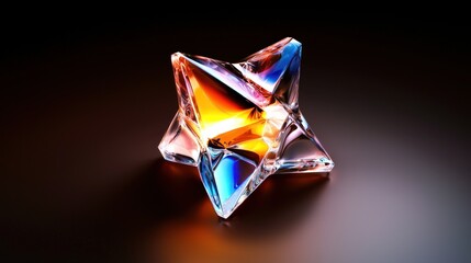 Poster - a vibrant, multi-faceted crystal star sculpture reflecting light in a dark setting