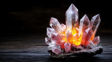 Poster - glowing pink quartz crystals radiate light on a rustic wooden surface, creating a mystical ambiance