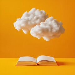 Aufkleber - Mindful Study Aesthetic Fluffy Cloud Thought Bubbles Above Open Notebook on Vibrant Yellow Desk - Enhancing Academic Creativity and Focus in Educational Content