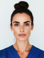 Aufkleber - Contemporary Healthcare Reception Professional Female in Blue Scrubs with Modern Bun Hairstyle - Clean Clinical Environment for Effective Patient Interaction and Medical Branding