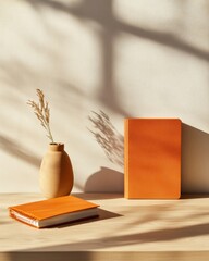 Poster - Minimalist Workspace Decor Sustainable Clay Vase and Orange Notebooks on Sunlit Wooden Desk - Contemporary Office Aesthetic and Creative Team Boost