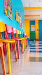 Poster - Bright Learning Spaces Vibrant Plastic Chairs in Colorful Classroom with Bulletin Boards - Engaging Educational Design and Youth-Centric School Environment for Collaborative Learning