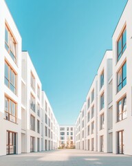 Poster - Modern Urban Cityscape Elegant Glass Facade Skyscraper Complex with Natural Pathways - Architectural Promotion and Urban Development for Contemporary Living Spaces