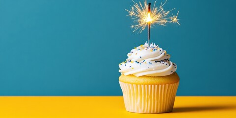 Poster - Whimsical Celebration Setup Artisan Cupcake with Sparkler and Festive Sprinkles on Pastel Backdrop - Event Marketing Content for Modern Party Planning and Joyful Celebrations