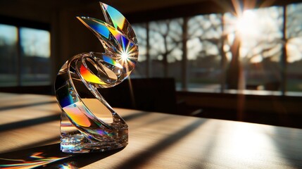 Wall Mural - colorful glass sculpture reflecting sunlight on a wooden table in a cozy room with trees outside