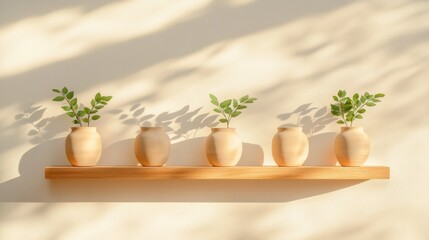 Poster - Scandinavian Minimalist Decor Light Wood Shelf with Ceramic Vases and Greenery - Tranquil Home Aesthetics and Eco-Friendly Retail Display Solutions
