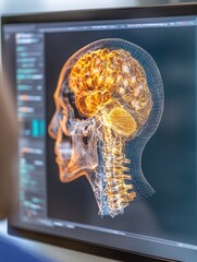 Poster - Futuristic Neuroscience Visualization Digital Brain Scan on High-Resolution Monitor - Cutting-Edge Healthcare Visualization and Remote Diagnostic Advancement