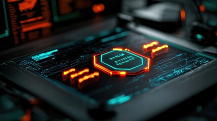 Wall Mural - futuristic circuit board with glowing elements, showcasing technology in a high-tech workspace