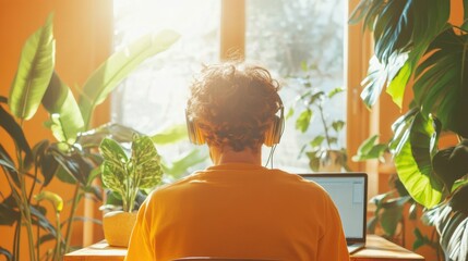 Poster - Sunlit Hybrid Coworking Cafe Young Male Freelancer with Headphones in Plant-Filled Space Using Laptop - Modern Minimalistic Workspace Design and Flexible Remote Work Solutions