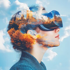 Fototapete - Immersive VR Tourism Surreal Digital Collage with Cityscapes and Nature in VR Headset - Engaging Digital Experiences and Innovative Travel Marketing for Tech-Savvy Audiences