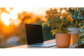 Poster - Contemporary Remote Work Setup Sleek Laptop and Vibrant Foliage on Outdoor Wooden Desk - Tech Workspace Content and Modern Lifestyle Branding