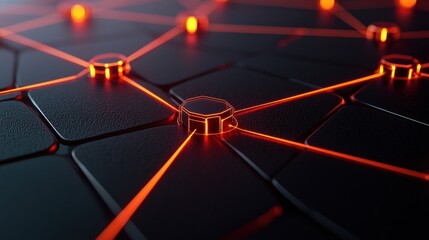 Wall Mural - abstract representation of interconnected nodes with glowing lines on a dark surface, symbolizing te