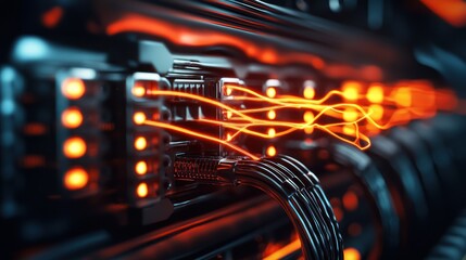 Wall Mural - close-up of illuminated server cables in a high-tech data center with glowing connections