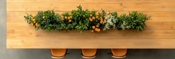 Poster - Sustainable Team Collaboration Table Rustic Wooden Surface with Vibrant Floral Centerpiece - Boosting Eco-Friendly Office Environments and Interactive Workspaces for Modern Businesses