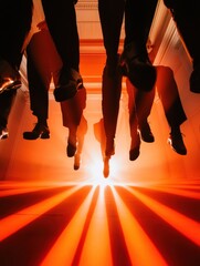 Poster - Contemporary Wedding Party Dynamics Dramatic Synchronized Jump in Architectural Setting - Vibrant Celebration Imagery for Event Marketing and Social Media Engagement