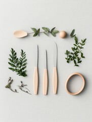 Poster - Minimalist Culinary Display Wooden Handled Knives with Organic Herb Arrangement on Linen - Sustainable Kitchen Content and Modern Cooking Aesthetic for Eco-Friendly Homemakers