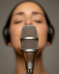 Aufkleber - Minimalist Vocal Recording Session Close-up Dynamic Microphone with Studio Headphones - Professional Audio Branding and Modern Music Production Optimization