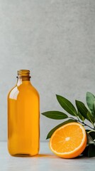 Poster - Citrus-infused Home Cleaning Sustainable Amber Bottle with Fresh Orange and Green Leaves on Marble - Eco-Friendly Kitchen Sanitization Content and Natural Cleaning Product Promotion