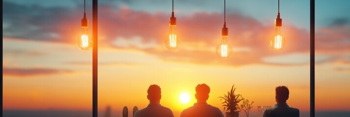 Poster - Sunset Collaboration Aesthetic Professional Team Planning in Contemporary Open Office with Pendant Lighting - Strategic Corporate Innovation and Visual Branding