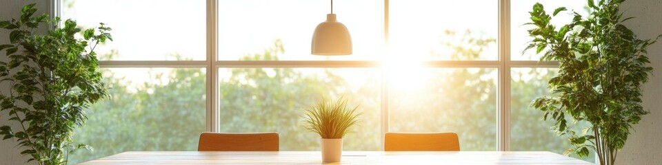 Poster - Minimalist Office Meeting Decor Sunlit Wooden Table and Plants in Ergonomic Workspace - Inspiring Professional Atmosphere and Modern Biophilic Design for Sustainable Business Innovation