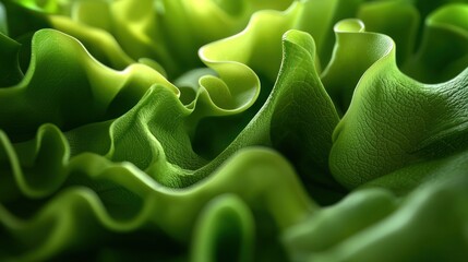 Poster - close-up of vibrant green leafy textures with intricate folds and natural patterns in soft lighting