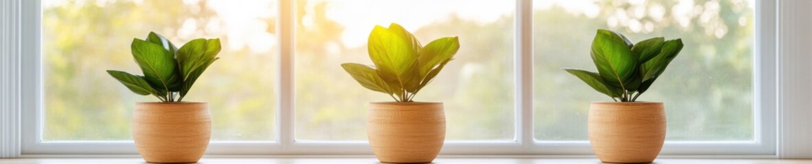 Poster - Sustainable Office Decor Trio of Wooden Planters with Foliage on Sunny Windowsill - Eco-Friendly Workspace Content and Interior Green Design for Modern Corporate Wellbeing