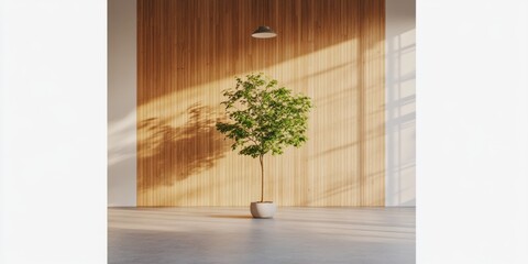 Aufkleber - Zen Workspace Vibes Minimalist Potted Tree Against Textured Wooden Wall - Eco-Friendly Office Design for Sustainable Business Environments and Wellness Promotion