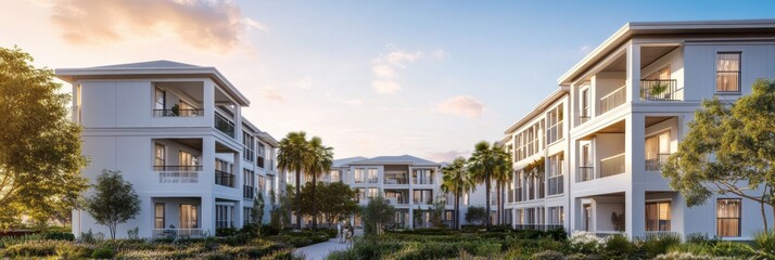 Aufkleber - Contemporary Geometric Facade Apartments Sleek Concrete Exterior with Balconies and Green Walkway - Real Estate Showcase for Modern Urban Living and Sustainable Property Development