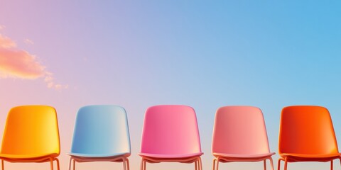 Aufkleber - Vibrant Meeting Setup Colorful Modern Chairs Against a Pastel Sky - Enhancing Collaborative Spaces for Creative Corporate Meetings and Dynamic Team Building