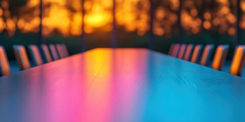 Poster - Ambient Conference Table Setup Colorful Sunset Illumination on Wooden Surface - Modern Business Planning and Corporate Content Presentation Space