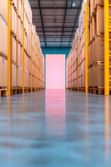 Fototapete - Vibrant Warehouse Aesthetic Bold Safety Lanes and Tall Storage Racks in Modern Logistics Hub - Industrial Safety Standards and Efficient Facility Operations for Commercial Spaces