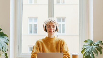 Poster - Modern Minimalist Remote Work Hub Young Freelancer in Cozy Sweater at Bright Cafe Window - Flexible Workspace Stock and Lifestyle Content for Sustainable Business Innovation
