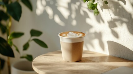 Poster - Rustic Hybrid Workspace Eco-Friendly Wooden Table with Latte Art - Modern Minimalist Coffee Shop for Millennial Business Networking and Digital Collaboration