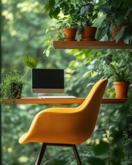 Leinwandbilder - Biophilic Home Office Design Ergonomic Workspace with Oak Shelving and Vibrant Greenery - Modern Sustainability and Productivity for Freelancers in Forest-View Setting