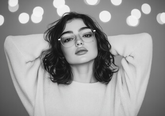 Fototapete - Monochrome Portrait Aesthetics Dark-Haired Woman in Smart Glasses with Digital Bokeh - Contemporary Fashion Content and Tech-Focused Branding for Young Adult Market