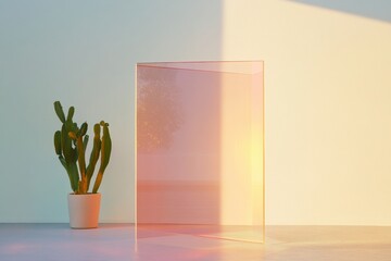 Poster - Minimalist Home Office Decor Semi-Transparent Holographic Screen Trio with Resilient Cactus Arrangement - Enhancing Modern Workplace Aesthetics and Digital Visualization