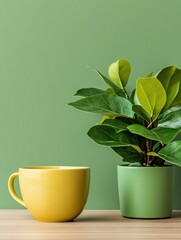 Poster - Scandinavian Minimalist Workspace Yellow Ceramic Mug with Potted Plant on Natural Wood Desk - Creative Office Design for Enhanced Focus and Eco-Friendly Productivity