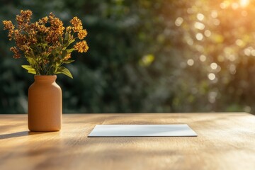 Poster - Scandinavian Minimalist Decor Ceramic Vase with Wildflowers on Sunlit Wooden Table Home Office Ambiance and Mindful Workspace Inspiration