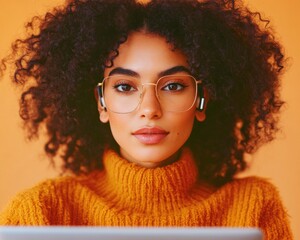 Leinwandbilder - Minimalist E-Learning Setup Young Latina Woman in Smart-Casual Attire Engages in Online Business Course on Laptop in Modern Office Nook - Emphasizing Remote Work Efficiency and Personal Development