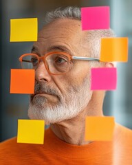 Aufkleber - Vibrant Agile Workspace Mature Multiethnic Male in Focus with Colorful Transparent Sticky Notes - Creative Collaboration and Efficient Project Management Visuals