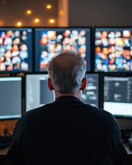 Poster - High-Tech Surveillance Hub Multi-Screen Monitoring Setup with Modern Tech Gear in a Digital Workspace - Cybersecurity Intelligence and Network Protection Solutions for Business